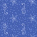 Seamless background with images of seahorse and sea star. white line drawing on blue background Royalty Free Stock Photo